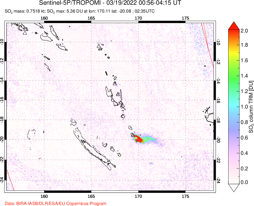 A sulfur dioxide image over Vanuatu, South Pacific on Mar 19, 2022.