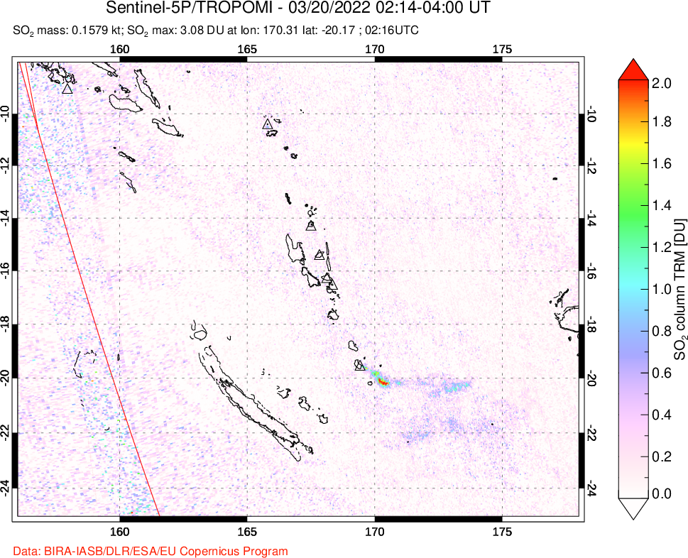 A sulfur dioxide image over Vanuatu, South Pacific on Mar 20, 2022.