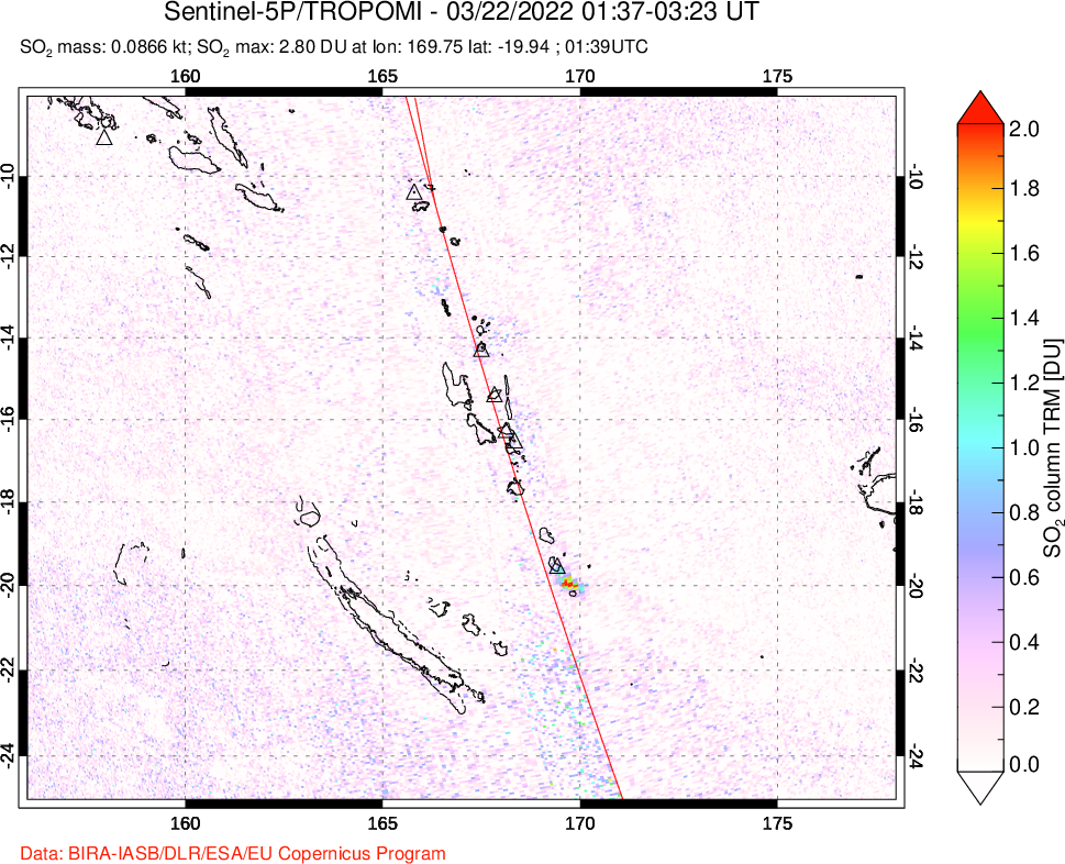 A sulfur dioxide image over Vanuatu, South Pacific on Mar 22, 2022.