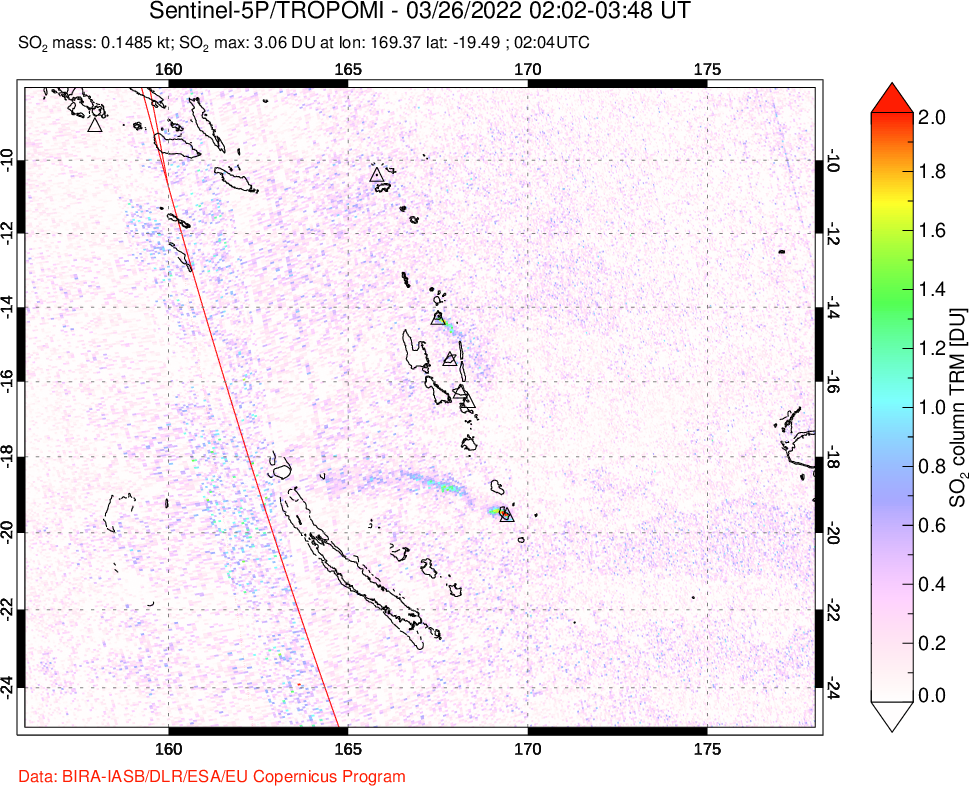A sulfur dioxide image over Vanuatu, South Pacific on Mar 26, 2022.