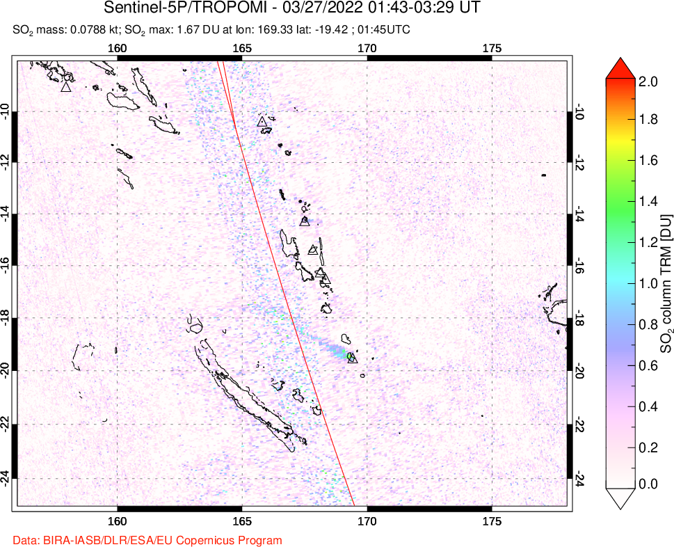 A sulfur dioxide image over Vanuatu, South Pacific on Mar 27, 2022.