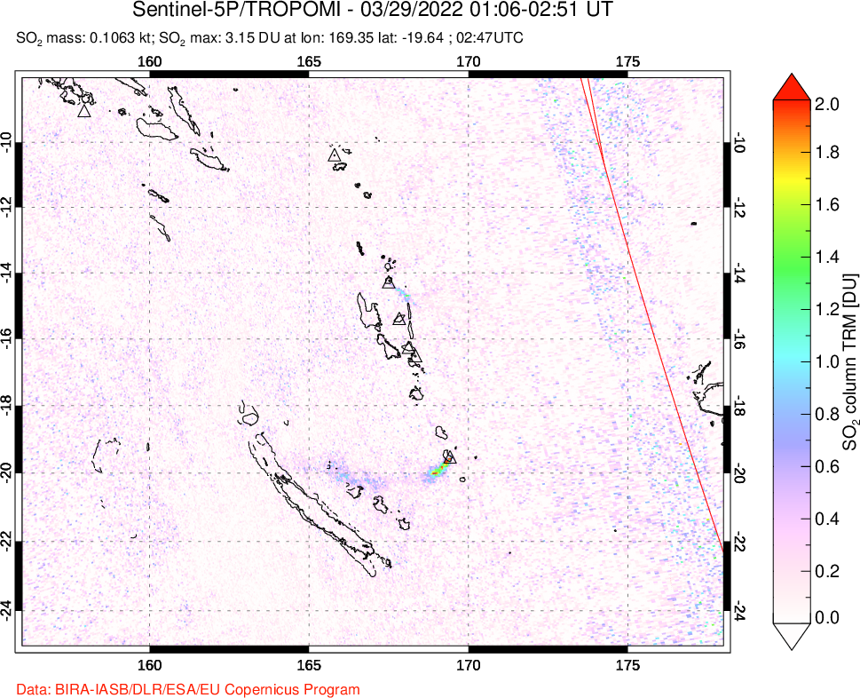 A sulfur dioxide image over Vanuatu, South Pacific on Mar 29, 2022.