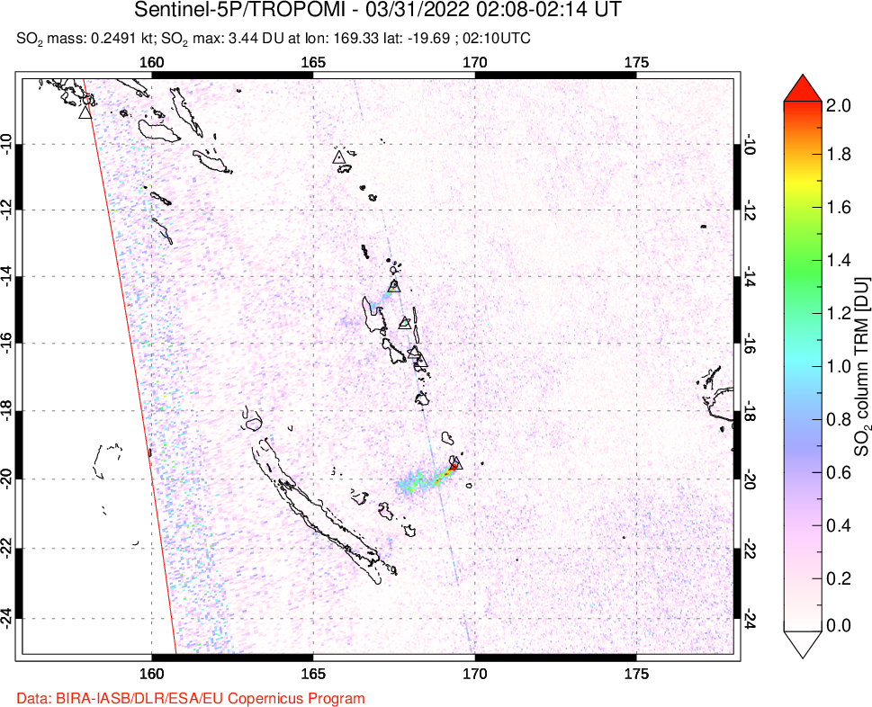 A sulfur dioxide image over Vanuatu, South Pacific on Mar 31, 2022.