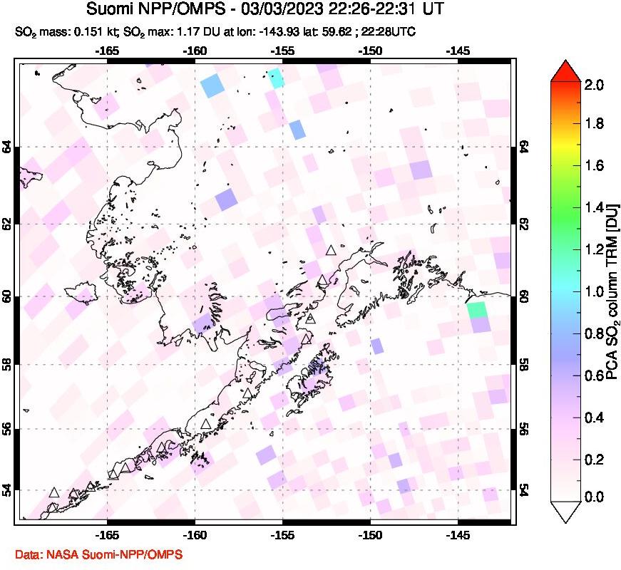 A sulfur dioxide image over Alaska, USA on Mar 03, 2023.