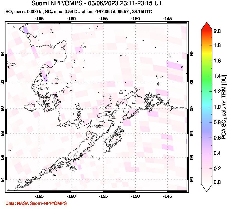 A sulfur dioxide image over Alaska, USA on Mar 06, 2023.