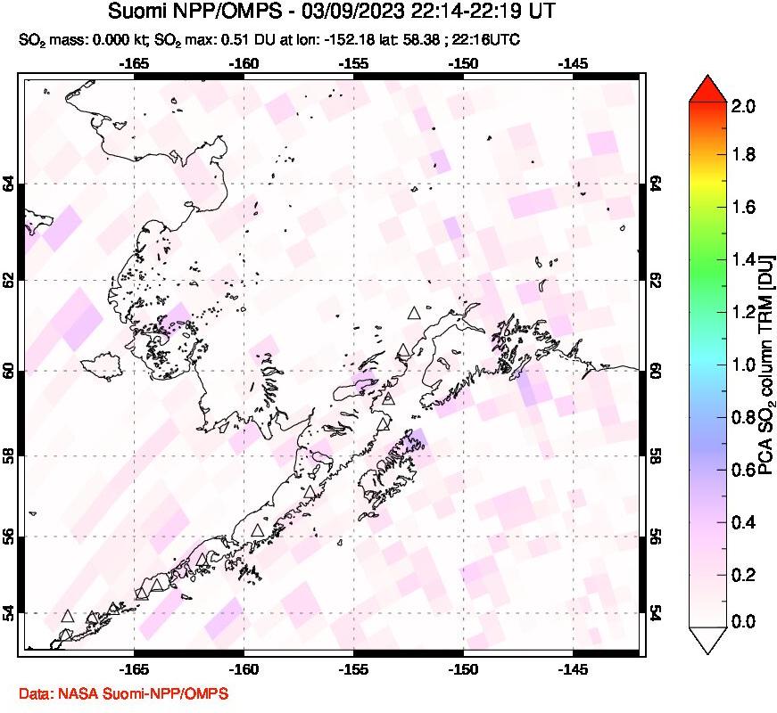 A sulfur dioxide image over Alaska, USA on Mar 09, 2023.