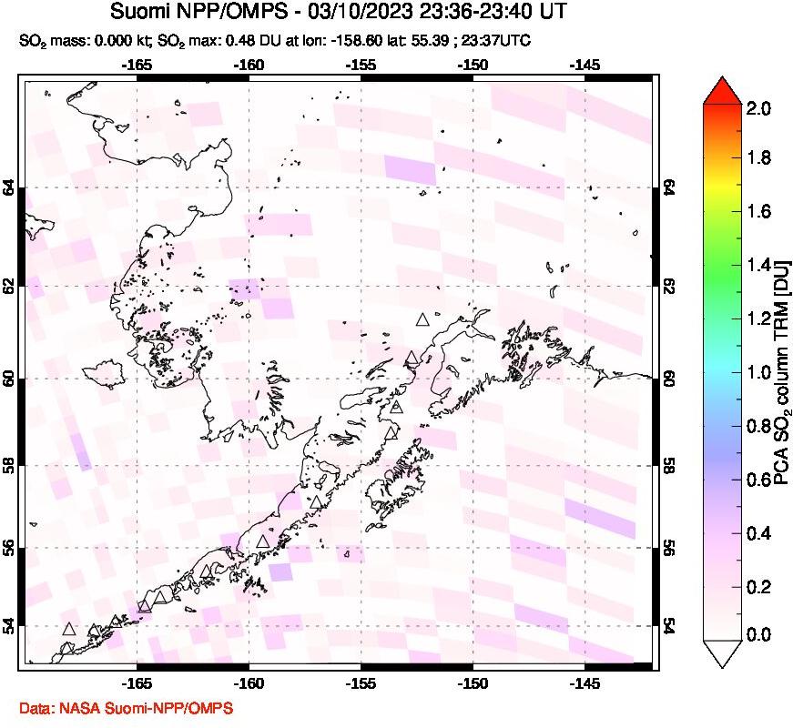 A sulfur dioxide image over Alaska, USA on Mar 10, 2023.