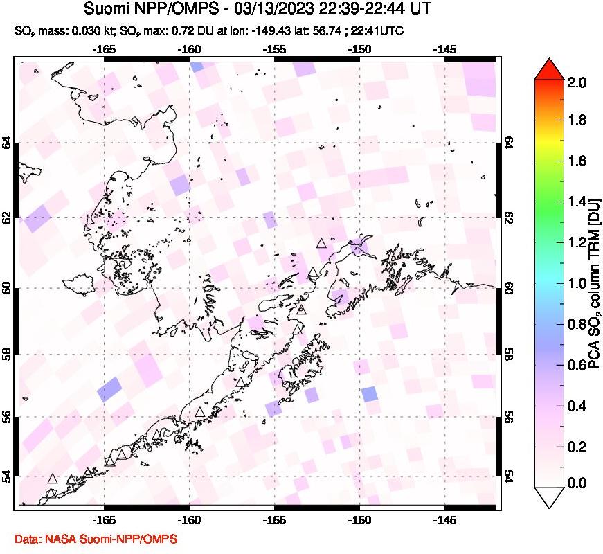 A sulfur dioxide image over Alaska, USA on Mar 13, 2023.