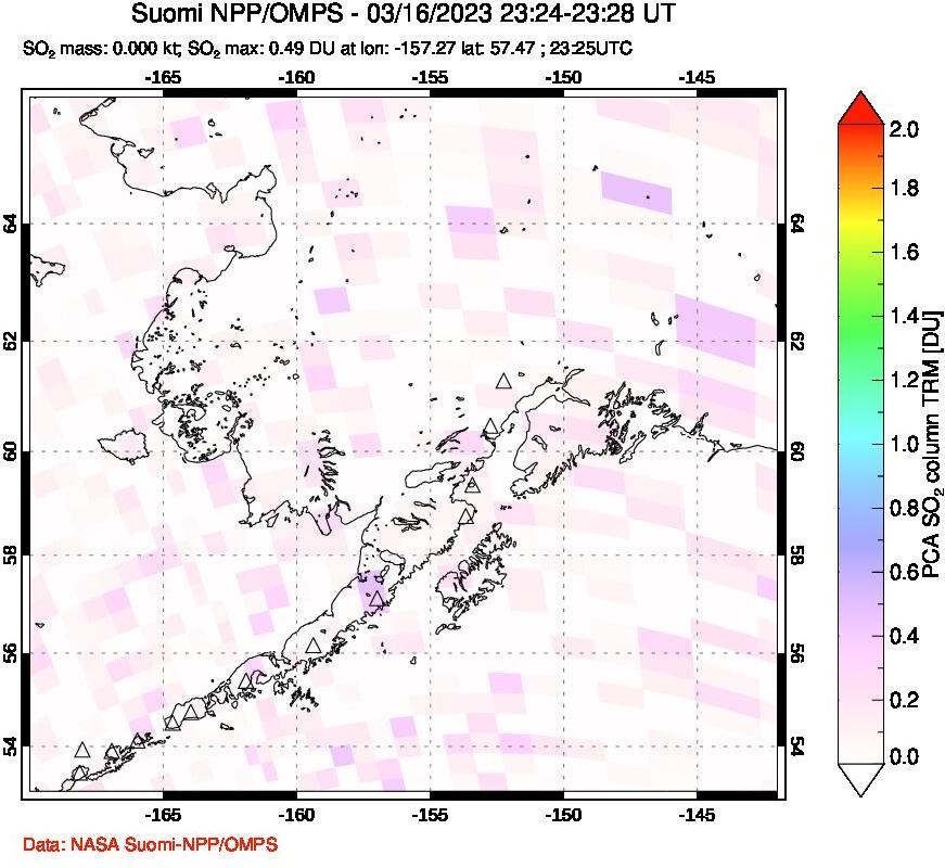 A sulfur dioxide image over Alaska, USA on Mar 16, 2023.