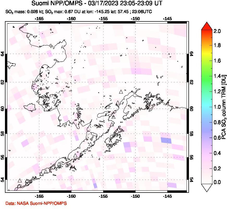 A sulfur dioxide image over Alaska, USA on Mar 17, 2023.