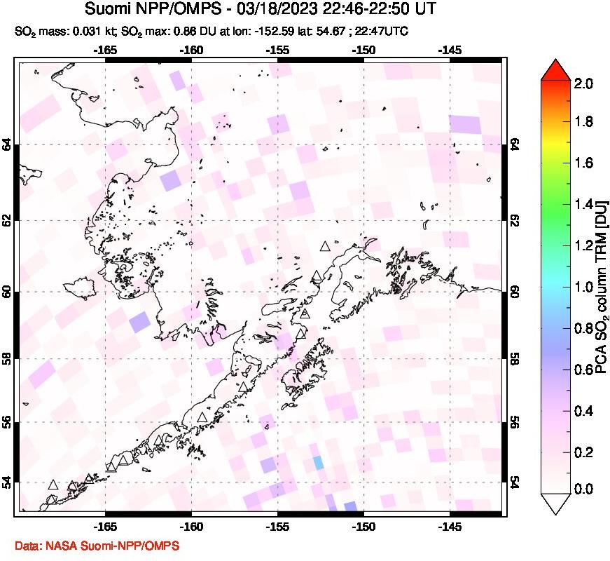 A sulfur dioxide image over Alaska, USA on Mar 18, 2023.