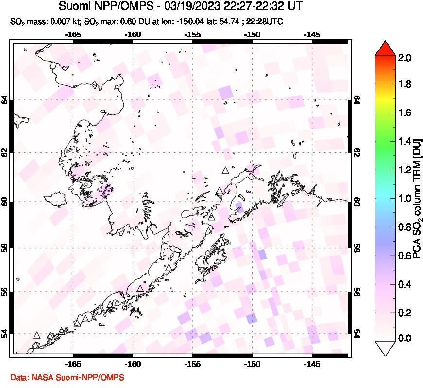 A sulfur dioxide image over Alaska, USA on Mar 19, 2023.
