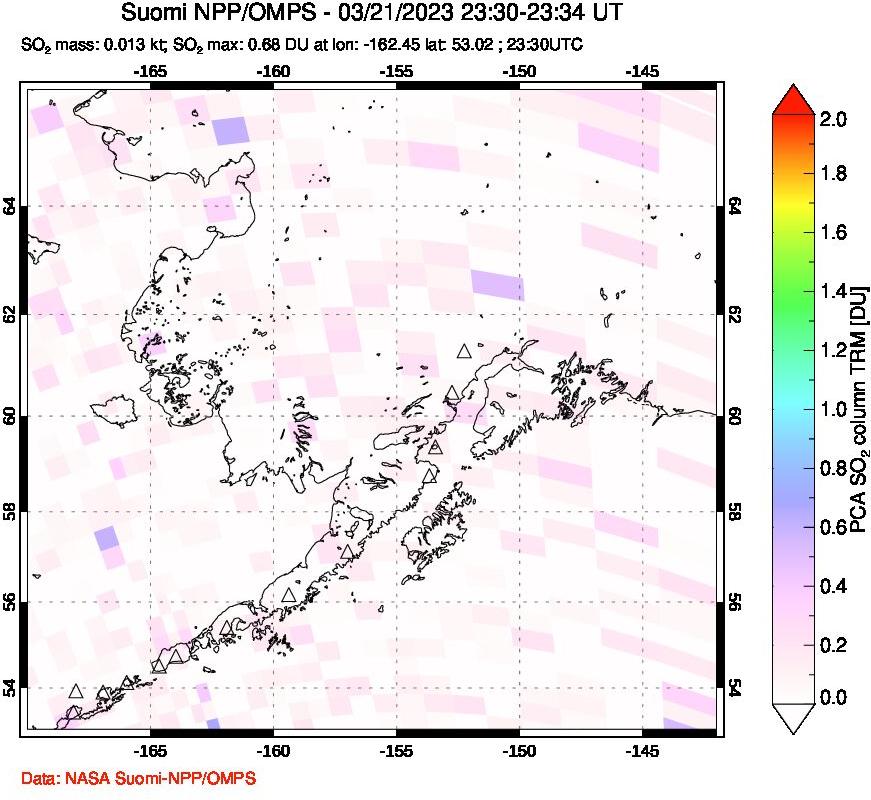 A sulfur dioxide image over Alaska, USA on Mar 21, 2023.