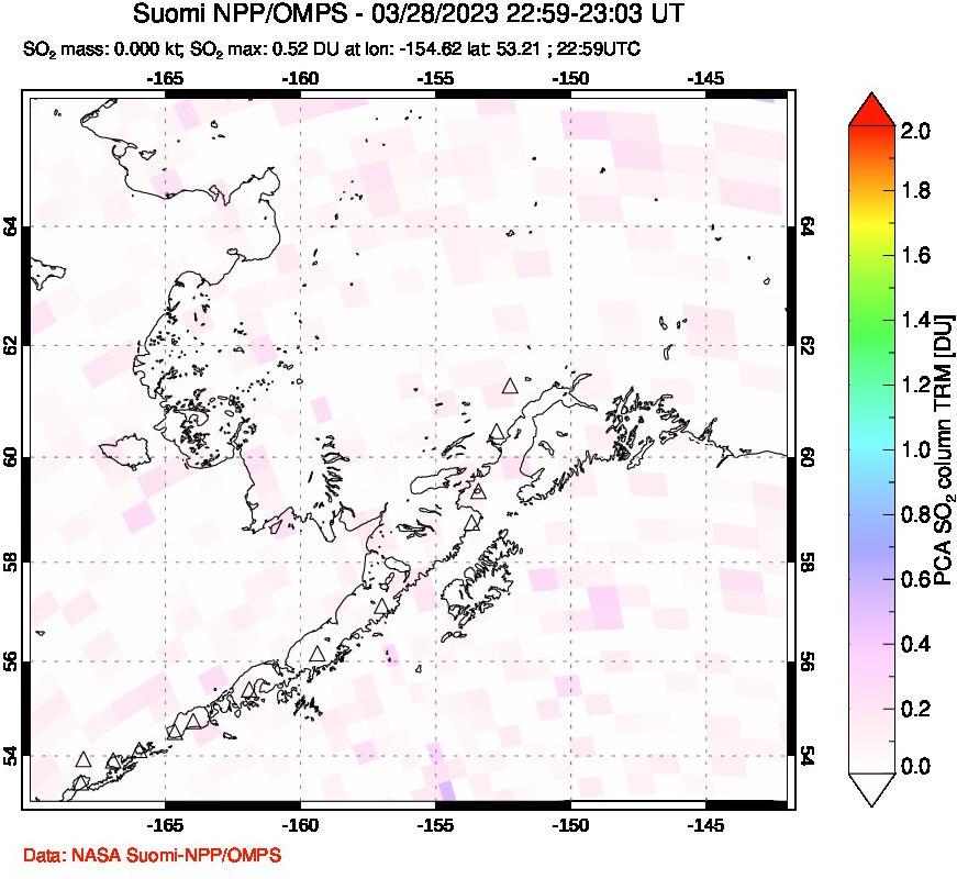 A sulfur dioxide image over Alaska, USA on Mar 28, 2023.