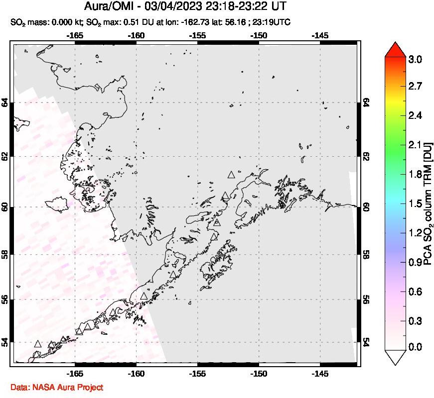 A sulfur dioxide image over Alaska, USA on Mar 04, 2023.
