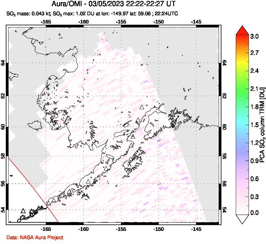 A sulfur dioxide image over Alaska, USA on Mar 05, 2023.