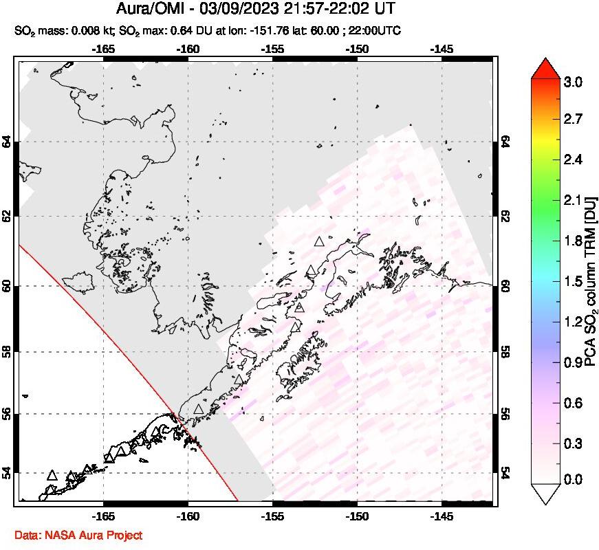 A sulfur dioxide image over Alaska, USA on Mar 09, 2023.