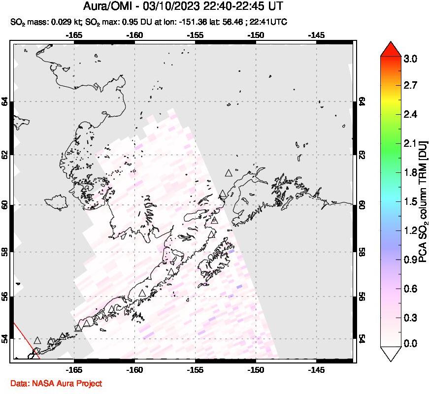 A sulfur dioxide image over Alaska, USA on Mar 10, 2023.