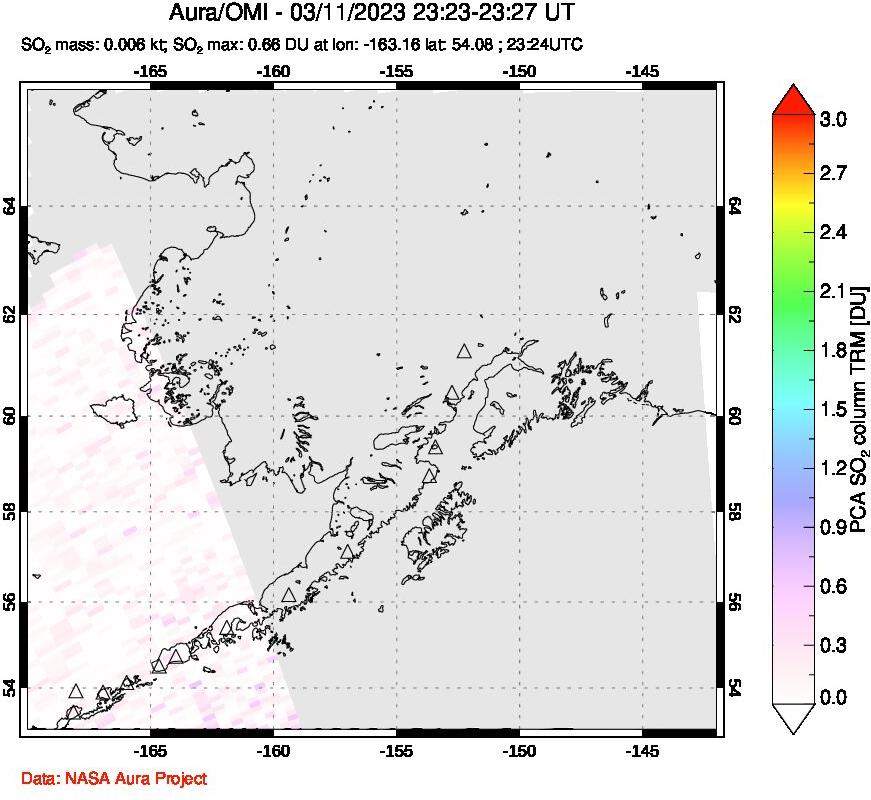 A sulfur dioxide image over Alaska, USA on Mar 11, 2023.