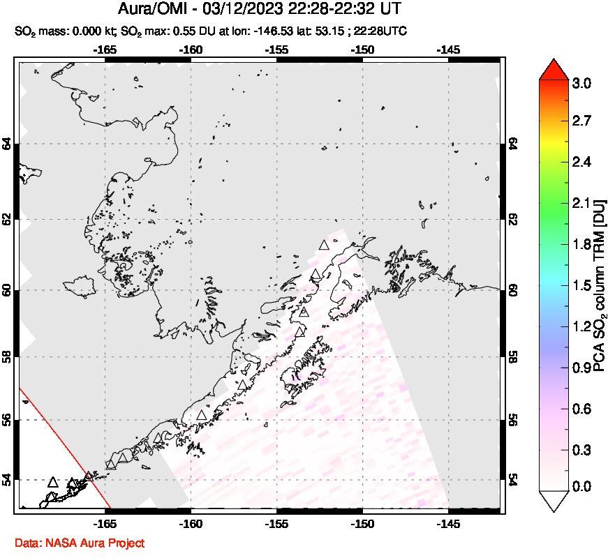 A sulfur dioxide image over Alaska, USA on Mar 12, 2023.