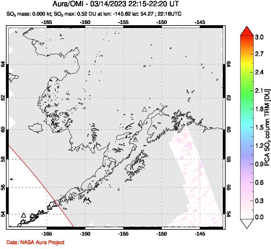 A sulfur dioxide image over Alaska, USA on Mar 14, 2023.