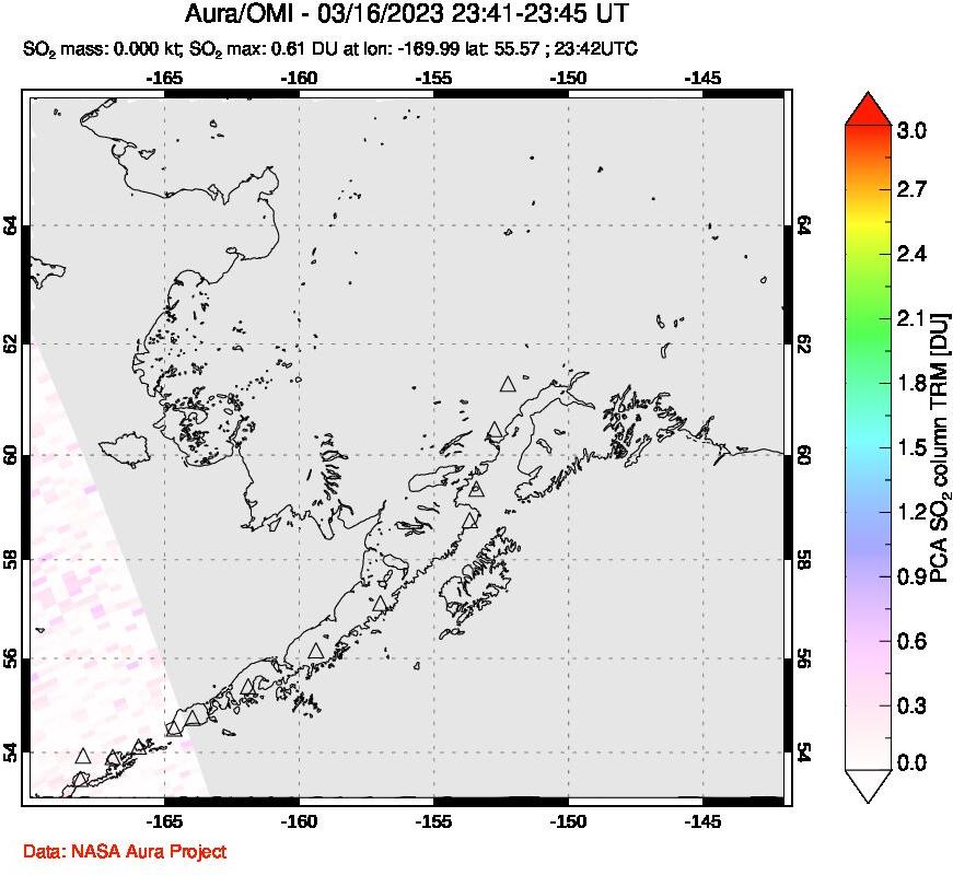 A sulfur dioxide image over Alaska, USA on Mar 16, 2023.