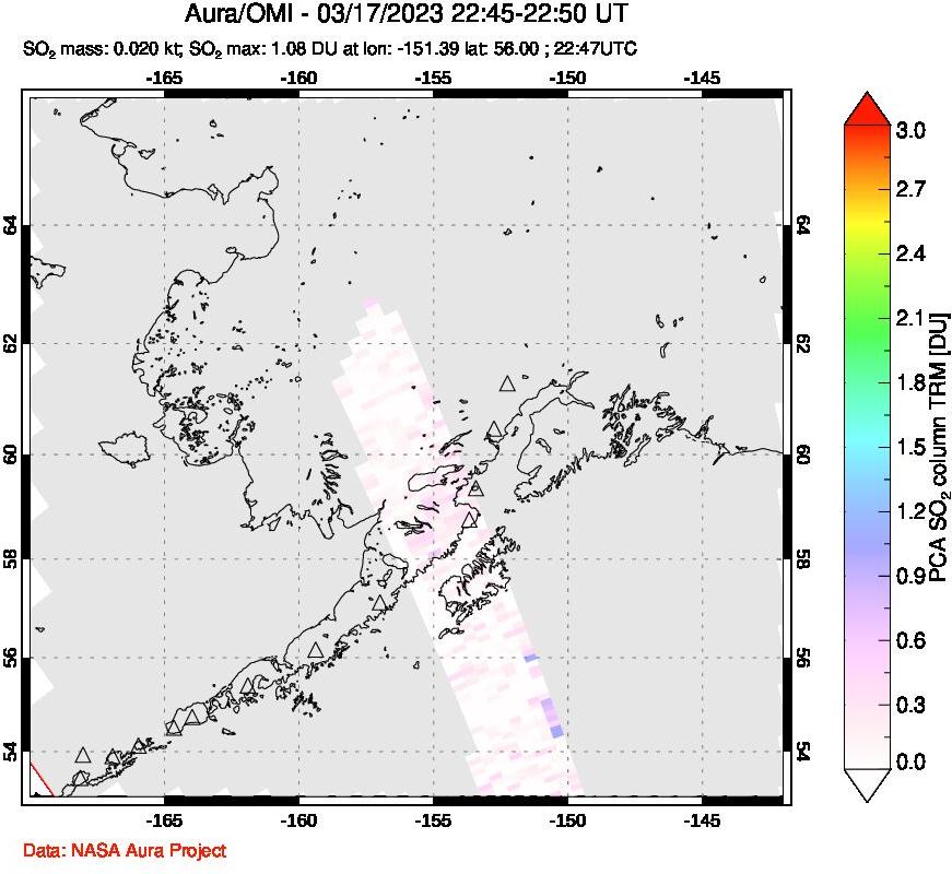 A sulfur dioxide image over Alaska, USA on Mar 17, 2023.