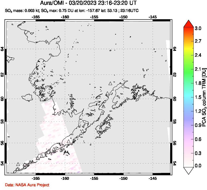 A sulfur dioxide image over Alaska, USA on Mar 20, 2023.