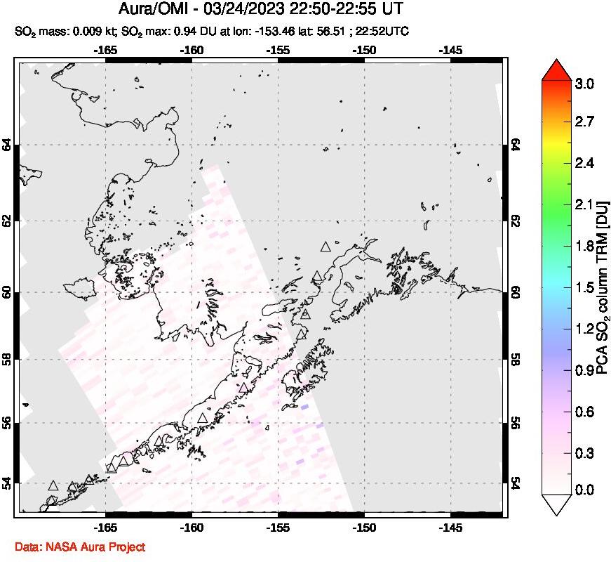 A sulfur dioxide image over Alaska, USA on Mar 24, 2023.