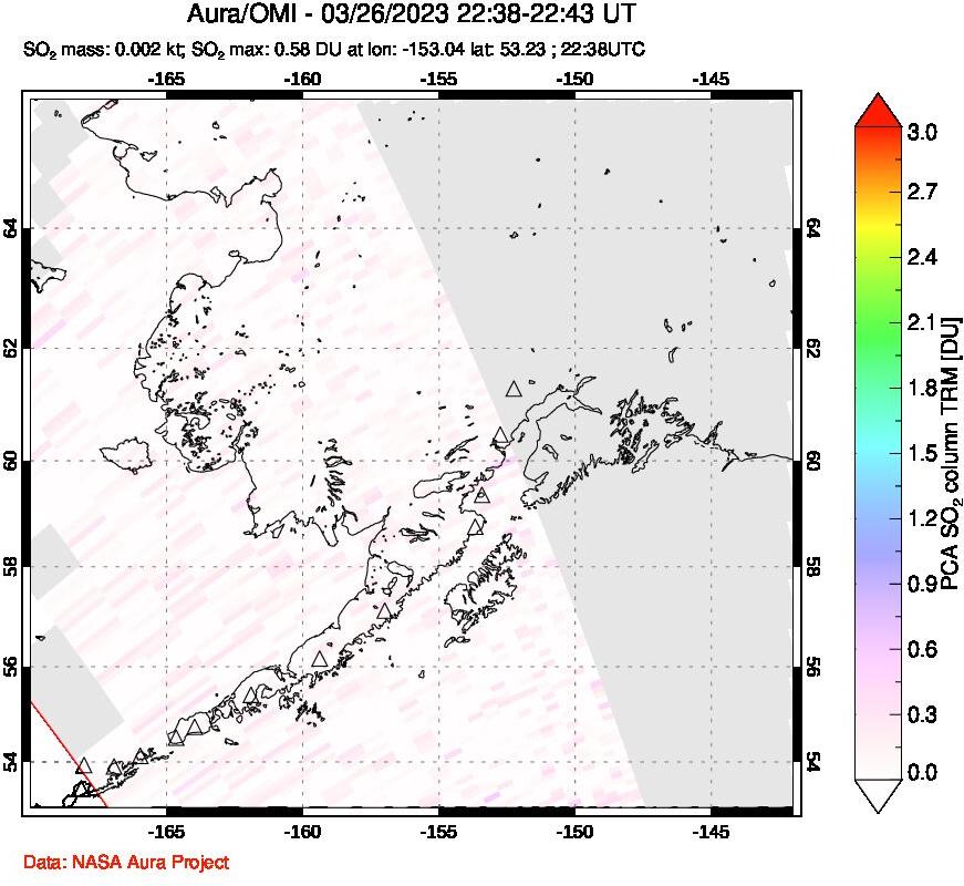 A sulfur dioxide image over Alaska, USA on Mar 26, 2023.