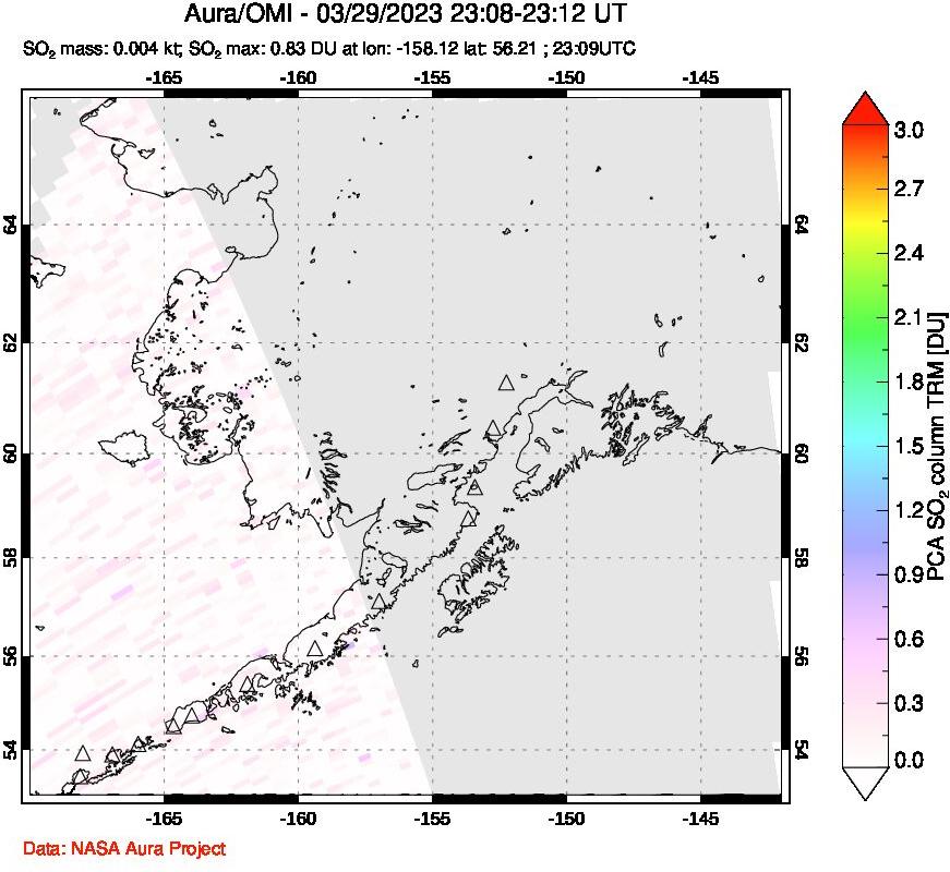 A sulfur dioxide image over Alaska, USA on Mar 29, 2023.
