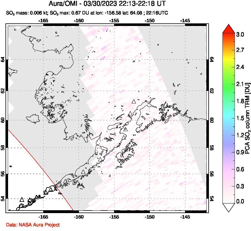 A sulfur dioxide image over Alaska, USA on Mar 30, 2023.