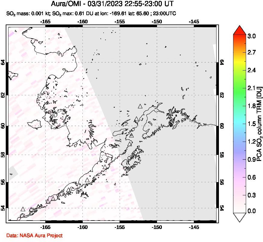 A sulfur dioxide image over Alaska, USA on Mar 31, 2023.
