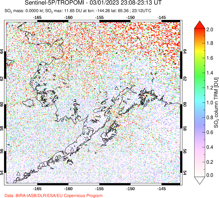 A sulfur dioxide image over Alaska, USA on Mar 01, 2023.