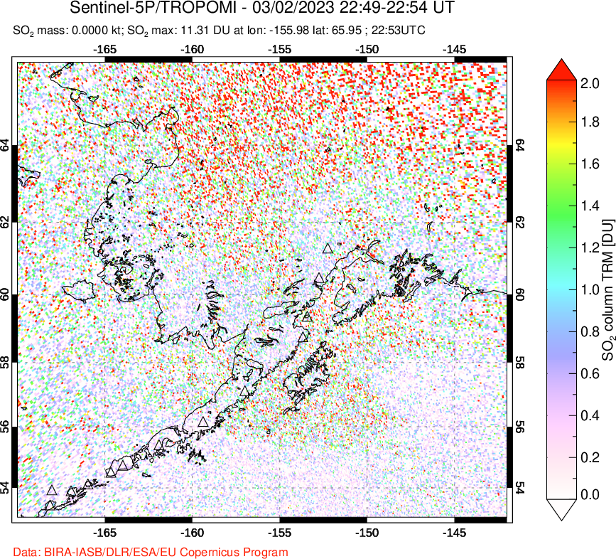 A sulfur dioxide image over Alaska, USA on Mar 02, 2023.