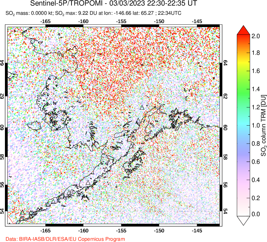 A sulfur dioxide image over Alaska, USA on Mar 03, 2023.