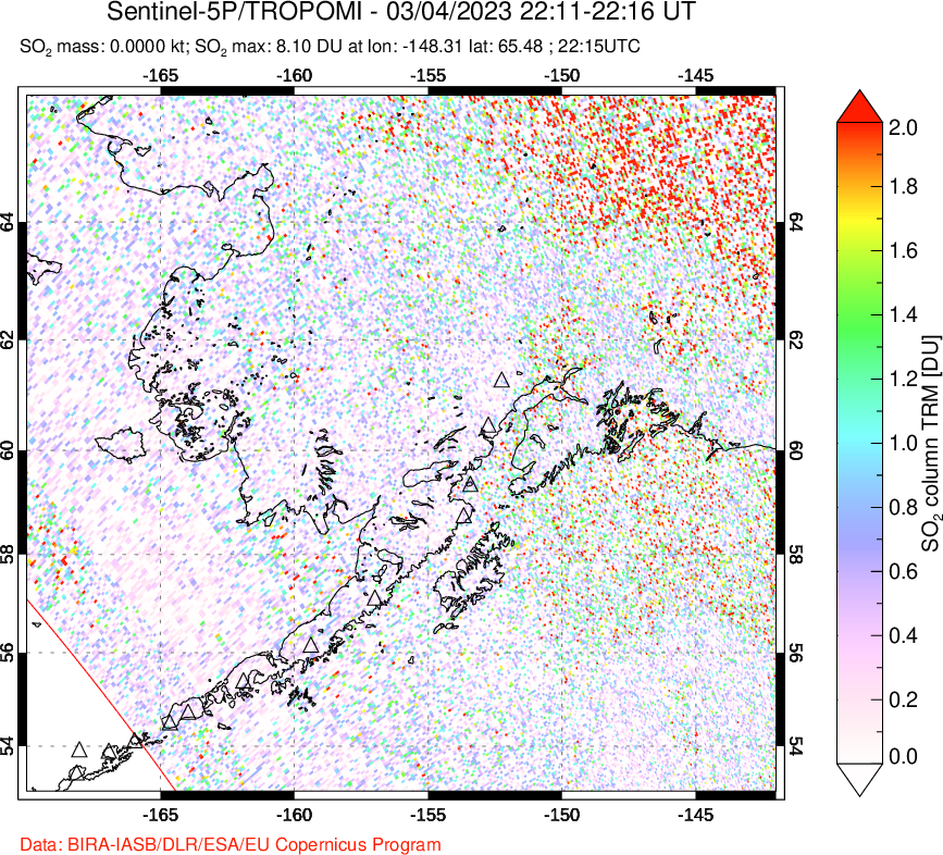 A sulfur dioxide image over Alaska, USA on Mar 04, 2023.