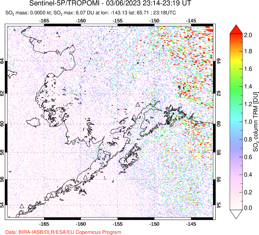 A sulfur dioxide image over Alaska, USA on Mar 06, 2023.