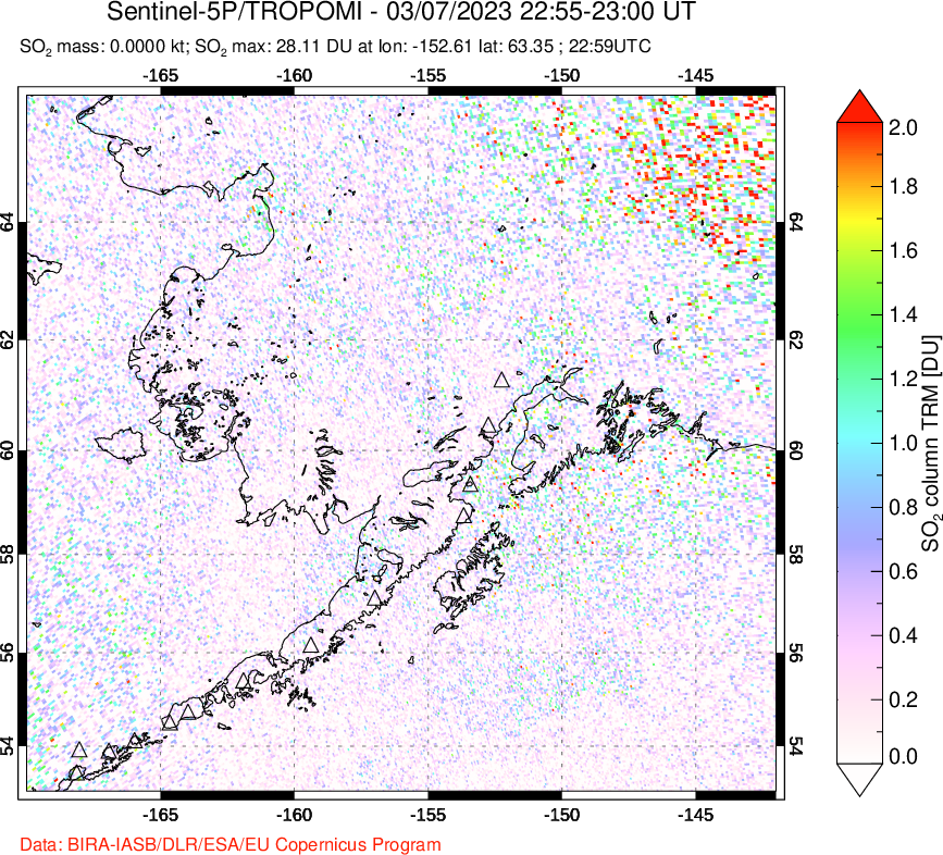 A sulfur dioxide image over Alaska, USA on Mar 07, 2023.