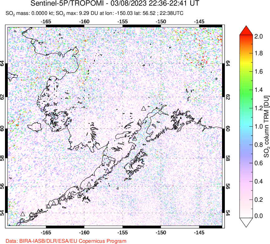 A sulfur dioxide image over Alaska, USA on Mar 08, 2023.