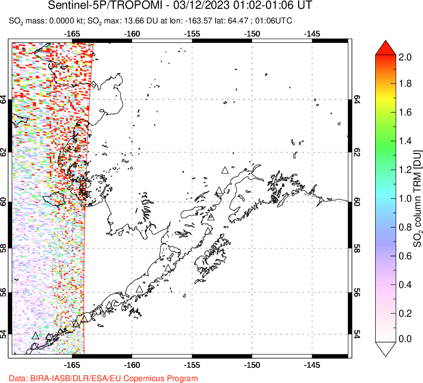 A sulfur dioxide image over Alaska, USA on Mar 12, 2023.