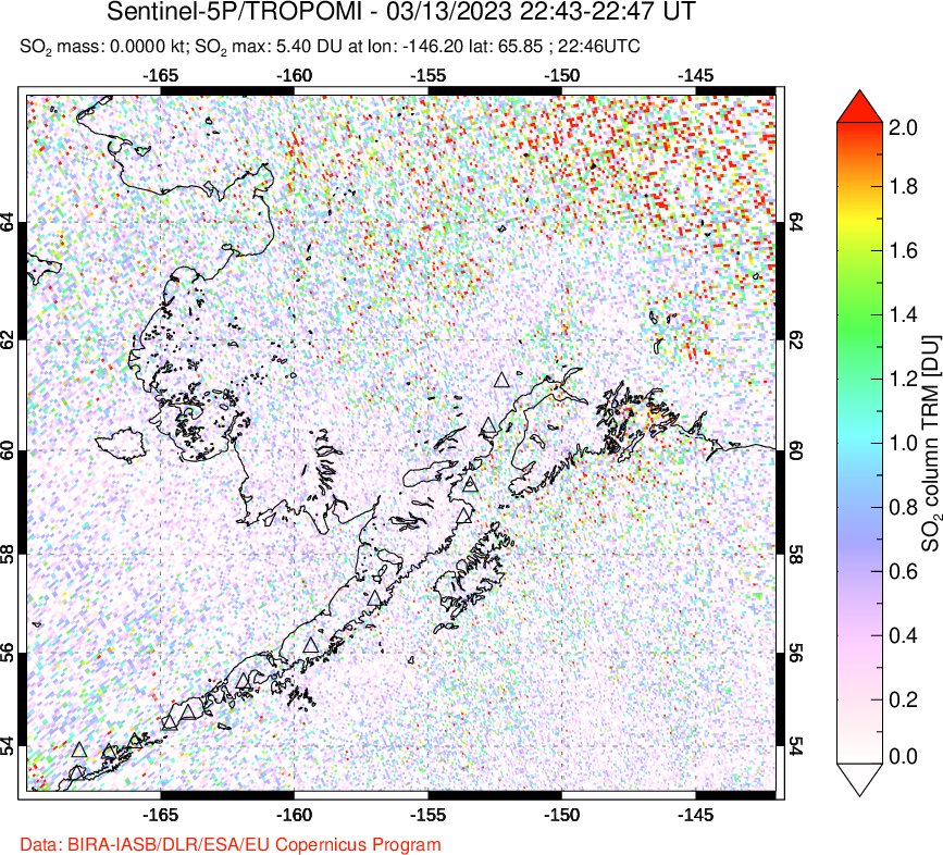 A sulfur dioxide image over Alaska, USA on Mar 13, 2023.