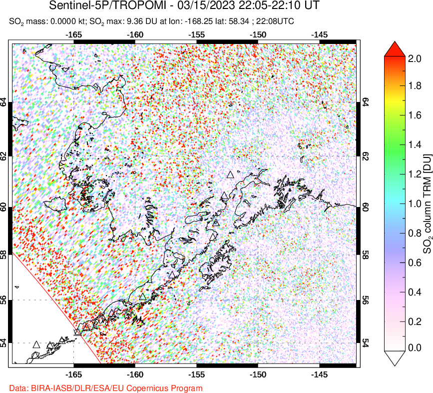 A sulfur dioxide image over Alaska, USA on Mar 15, 2023.