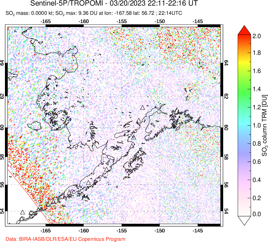 A sulfur dioxide image over Alaska, USA on Mar 20, 2023.