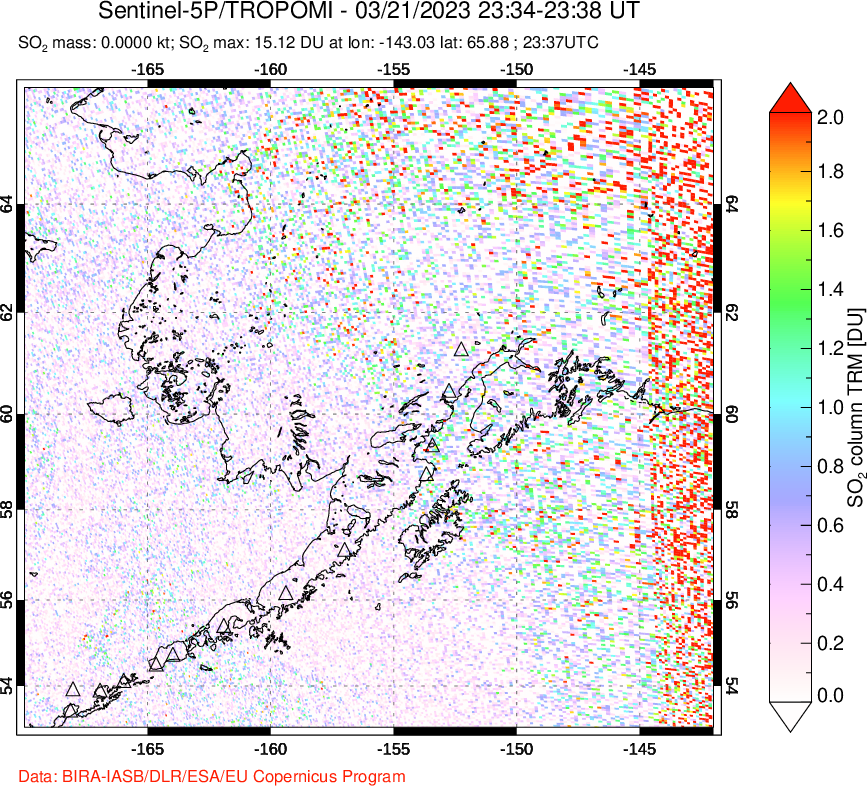 A sulfur dioxide image over Alaska, USA on Mar 21, 2023.