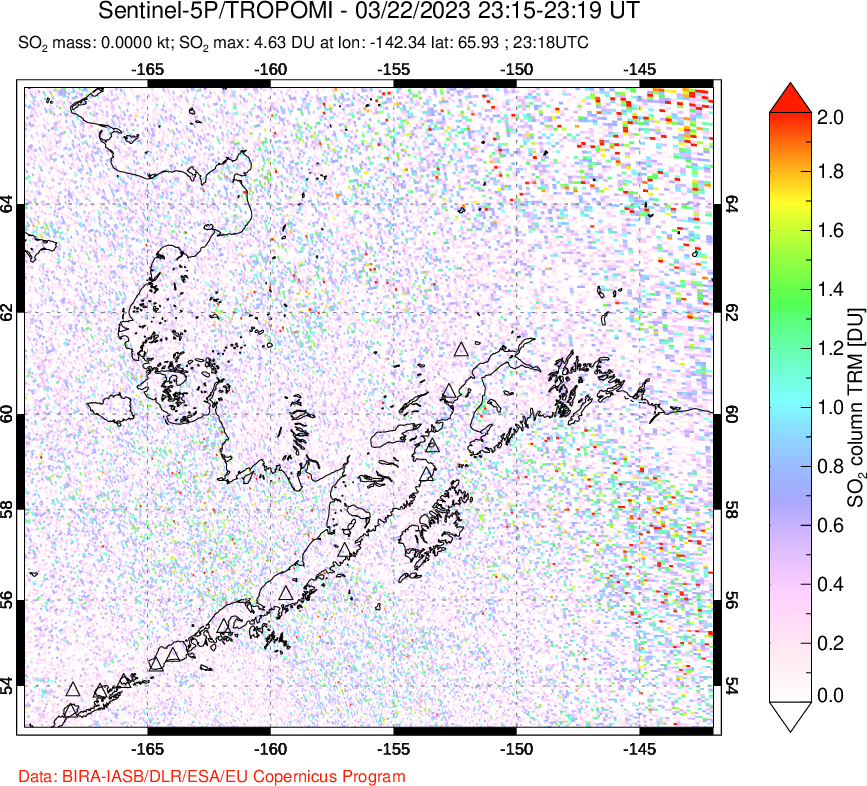 A sulfur dioxide image over Alaska, USA on Mar 22, 2023.