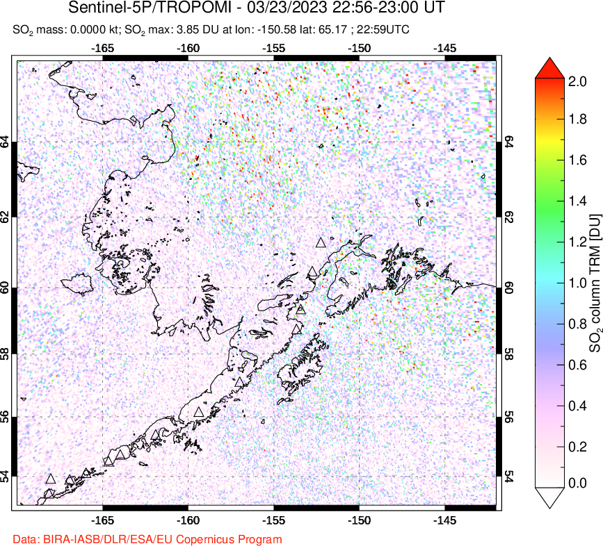 A sulfur dioxide image over Alaska, USA on Mar 23, 2023.