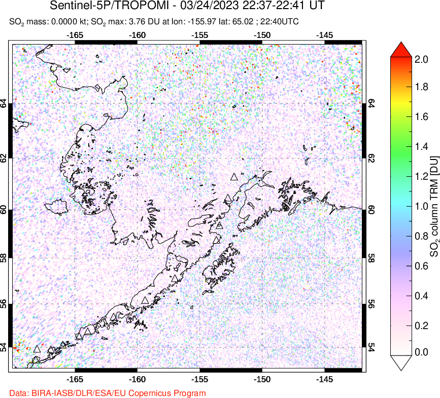 A sulfur dioxide image over Alaska, USA on Mar 24, 2023.