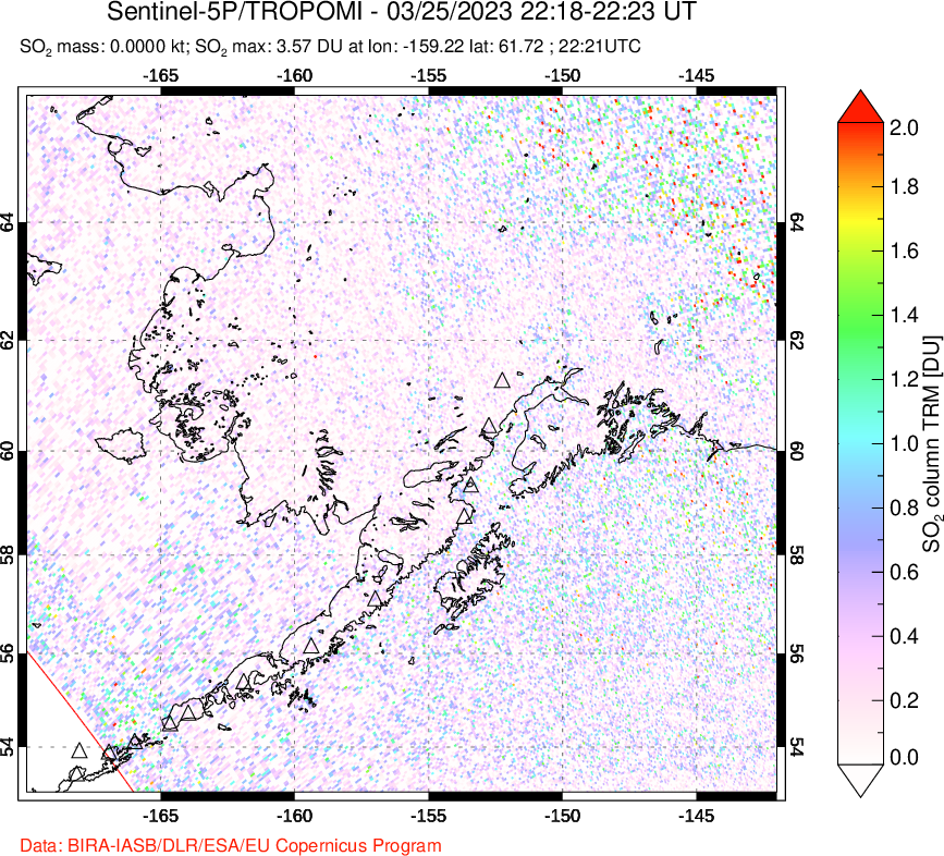 A sulfur dioxide image over Alaska, USA on Mar 25, 2023.