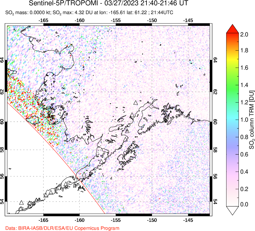 A sulfur dioxide image over Alaska, USA on Mar 27, 2023.